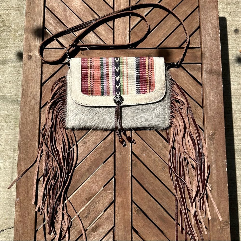 Myra Bag Aztec Canvas Stripes Cowhide Western Crossbody With Long Leather Fringe